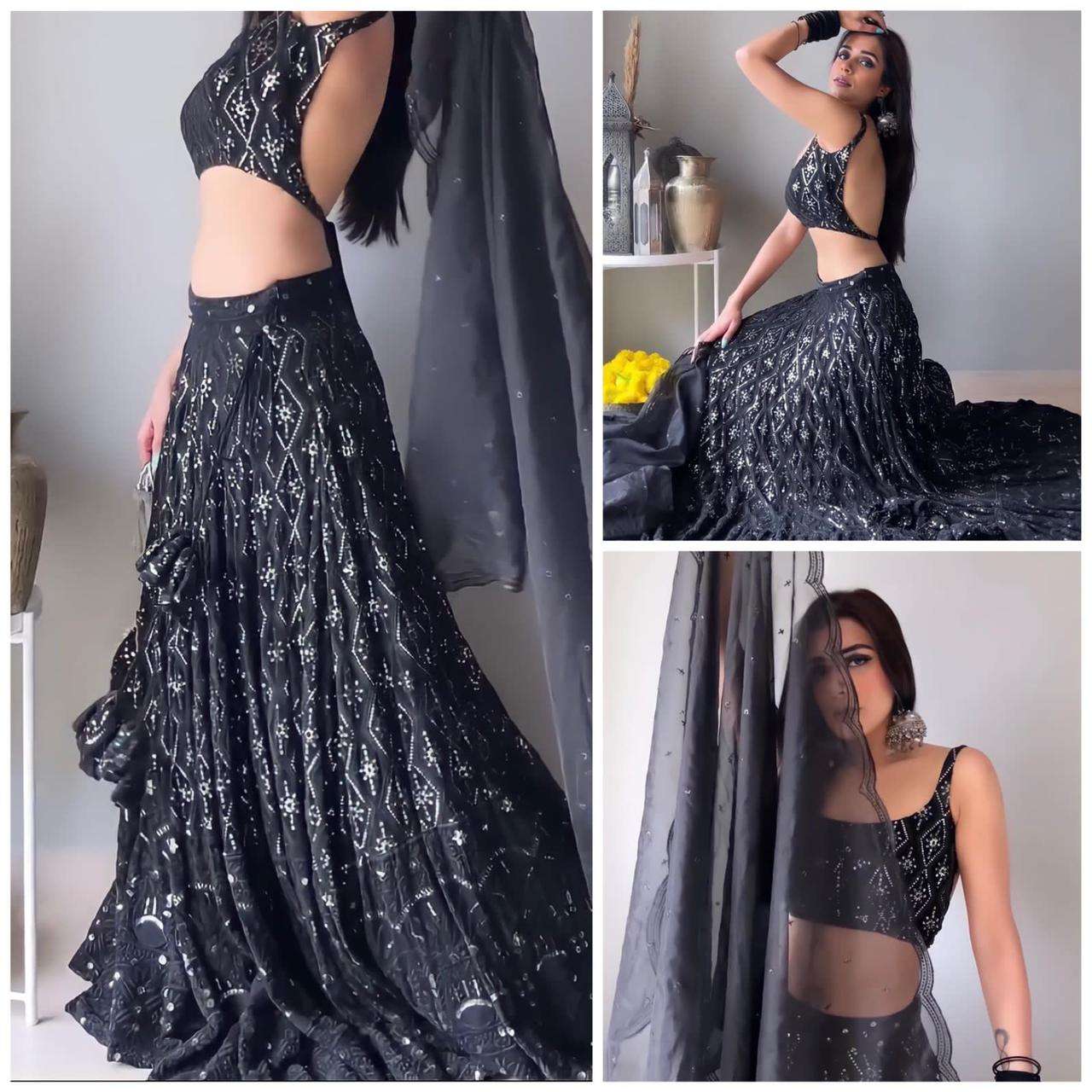 designer wear exclusive collection faux georgette sequance embroidery work lehenga choli with dupatta black stylish backless lehenga