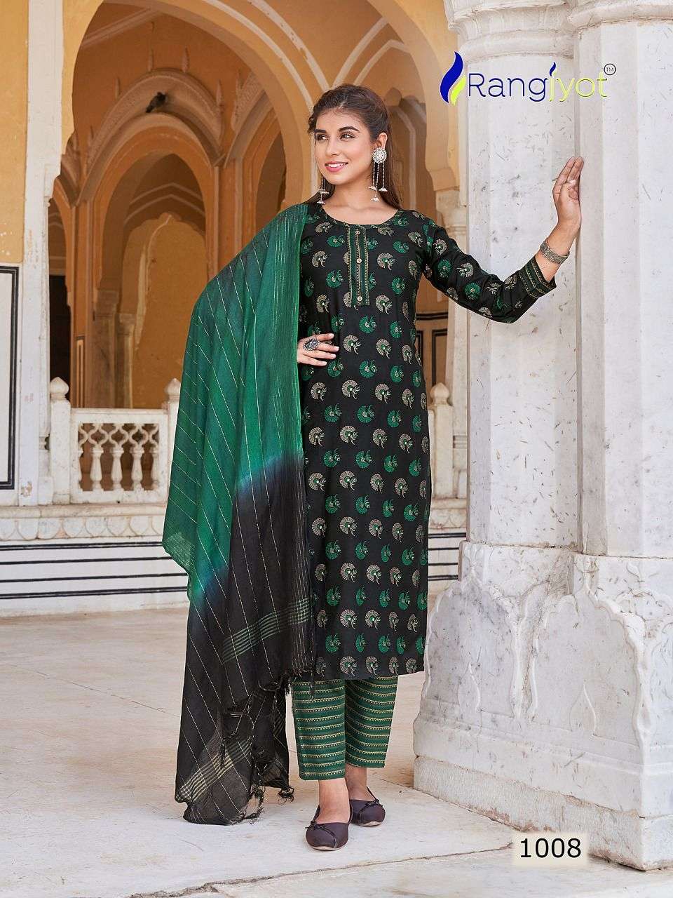 kurtie with pant and duppta set readymade suits collection rangjyot Rangrasiya Vol 1 series 1001 to 1008 readymade 14kg reyon suits readymade simple sober dailywear suits 