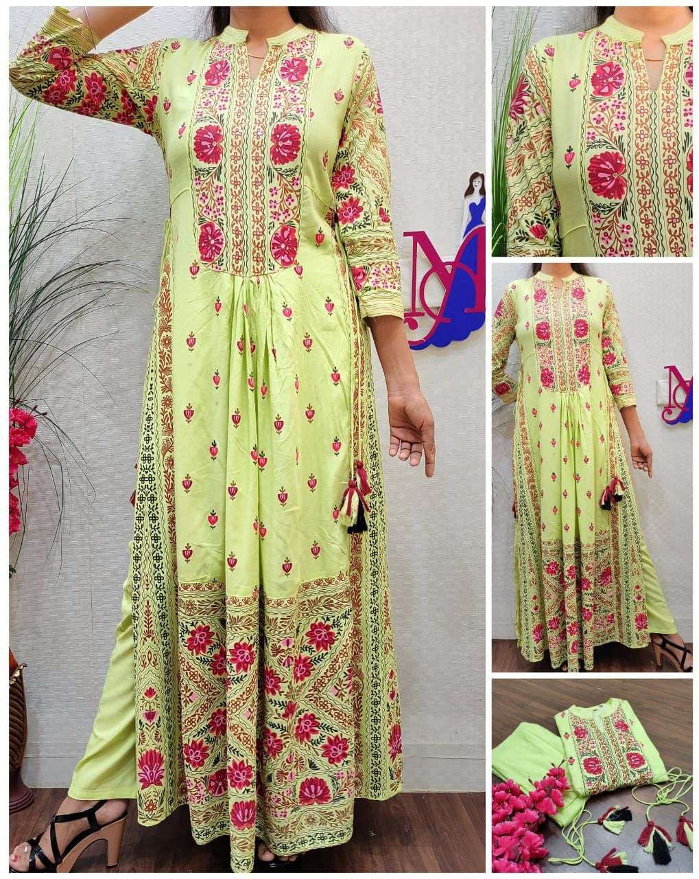 Reyon straight Long kurtie with foil Print all over in Front and Back with front Plattes embroidery on yoke nd side Dori with Pant indian readymade cotton kurtie with pant collection 