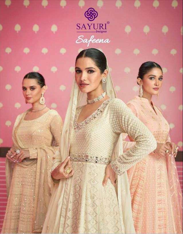 sayuri designer catalogue safeena series 5201 to 5203 indian anarkali suits white colour indian dress partywear gown style suit