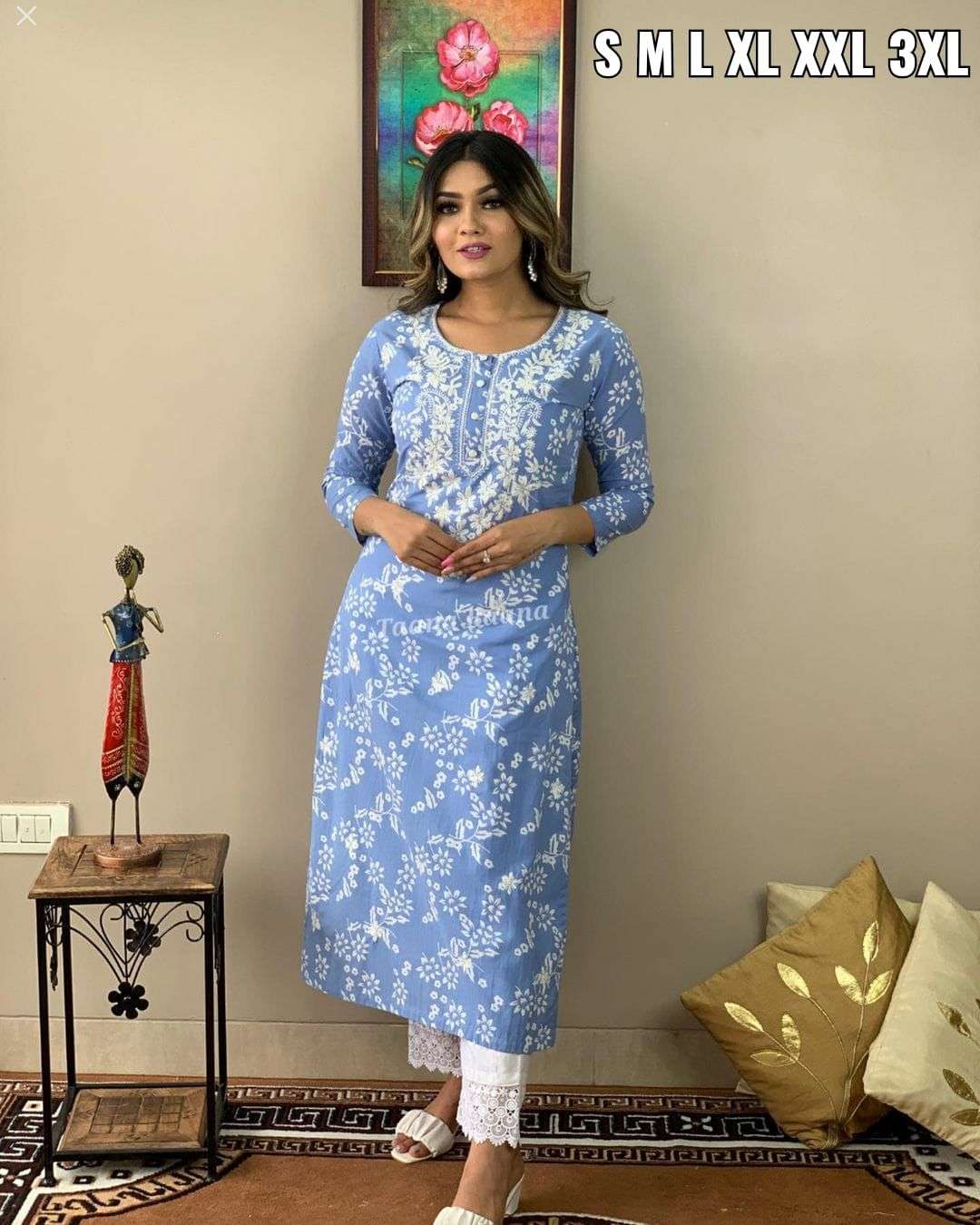 kurtie with pant set reyon cotton fabric jaipuri printed stylish kurtie with pant indian kurtie and pant set wholesaler of kurties in surat 