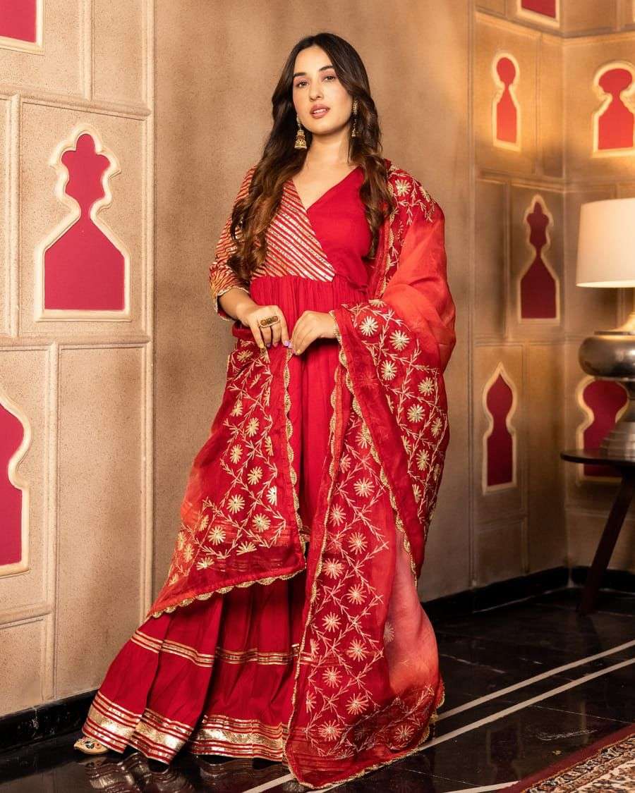 karwa chauth special kurtie sharara and duppta reyon cotton kurtie red colour kurtie and sharara readymade for karwa chauth special collection wholesaler of kurties in surat 