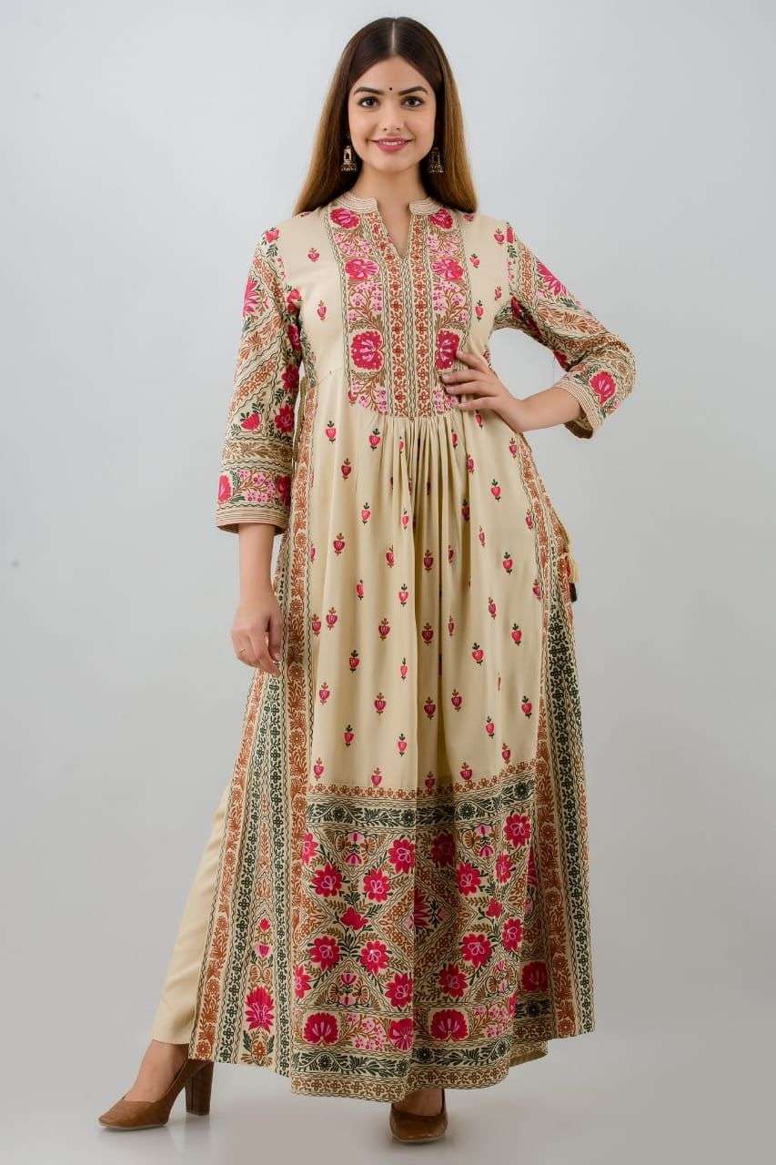 reyon straight long gown style kurtie with foil print all over with front plates embroidery  side dori with pant  side slit kurtie 