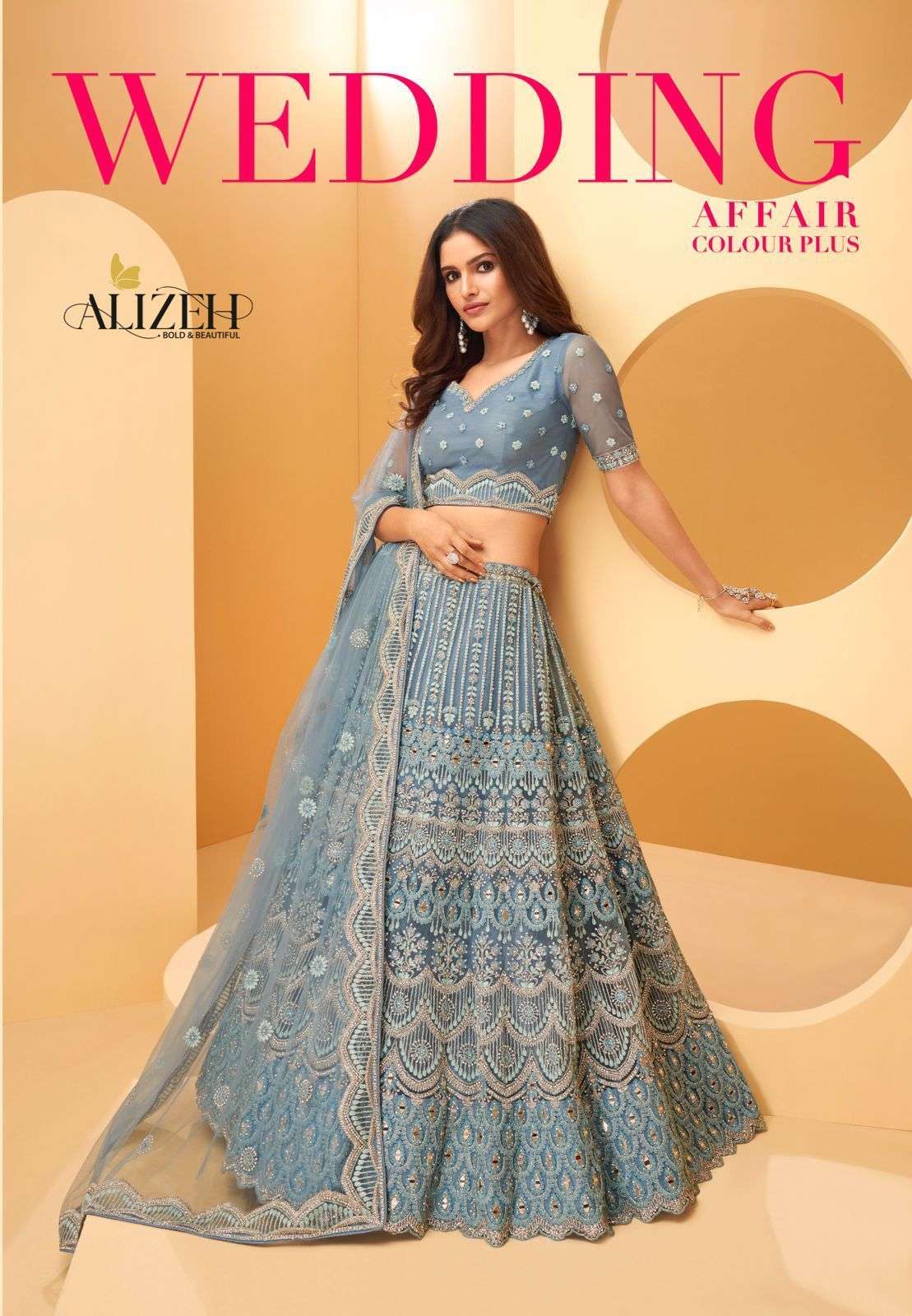 alizeh offical wedding affair colour plus design number 1022 a and b handwork bridal wear branded lehenga collection by alizeh 