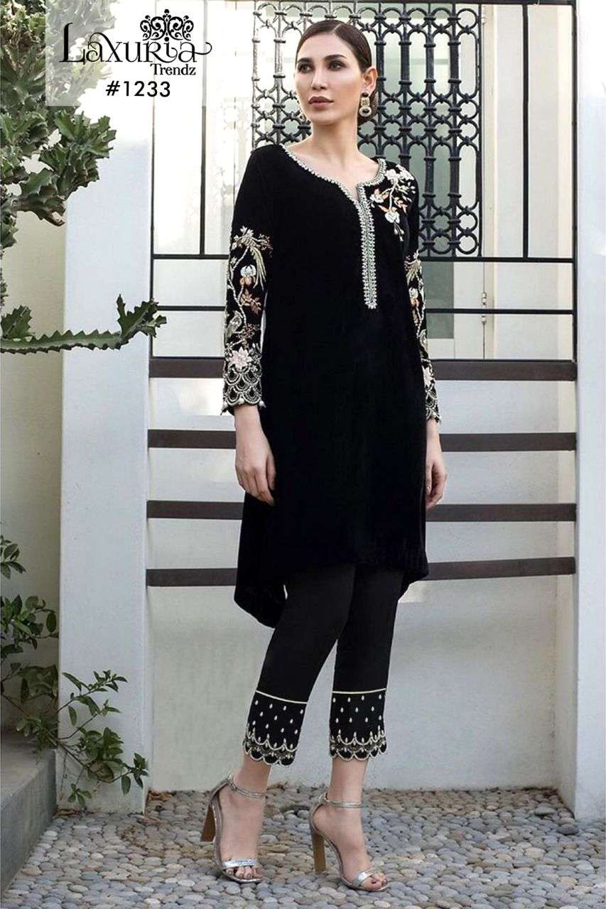 laxuria trendz design number 1233 kurtie with tunic pant velvet fabric designer readymade black indo western suit