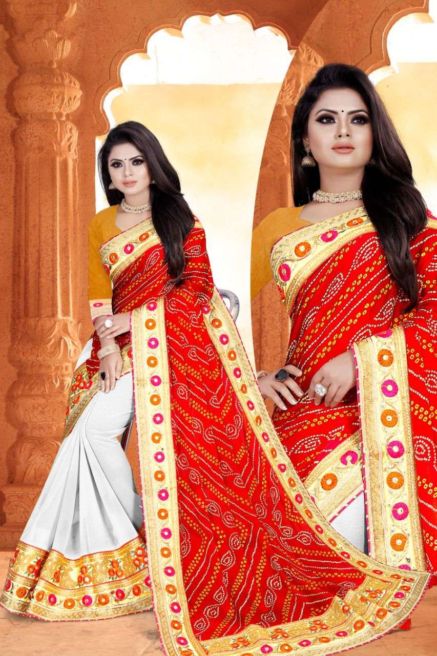 Traditional Bandhni Saree with half and half design Gota pati border and resham work indian traditional wear saree collection 