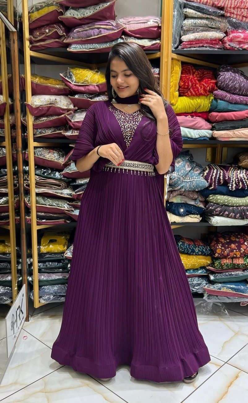 designer one piece gown with belt designer crush fabric handwork on neck gown collection designer partywear gown collection 