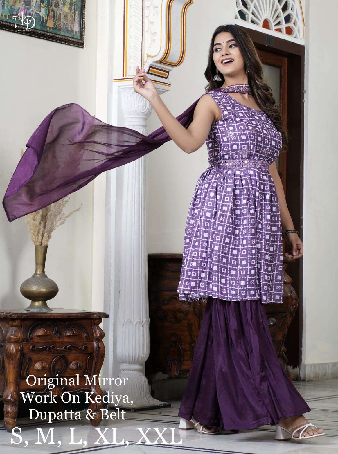 purple colour readymade suit kediya sharara set orignal mirror dress collection Kediya Sharara Set With Mirror Worker Belt n Sharara 