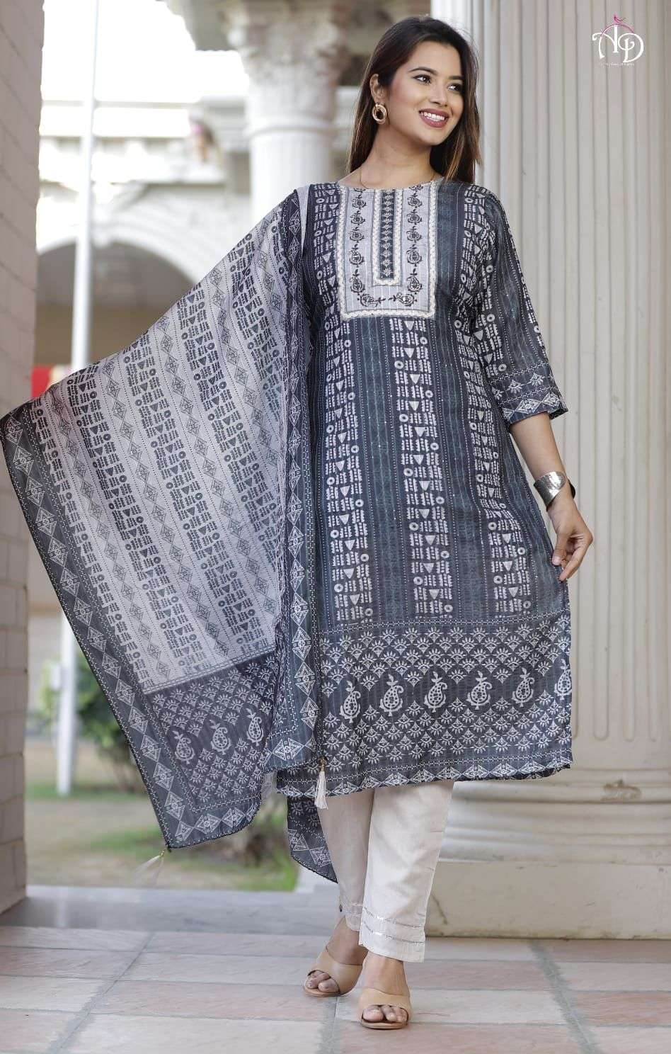 readymade suits collection fashionable indian readymade dress black and white beautifull print with embroidery readymade suit set kurtie with pant and duppta 