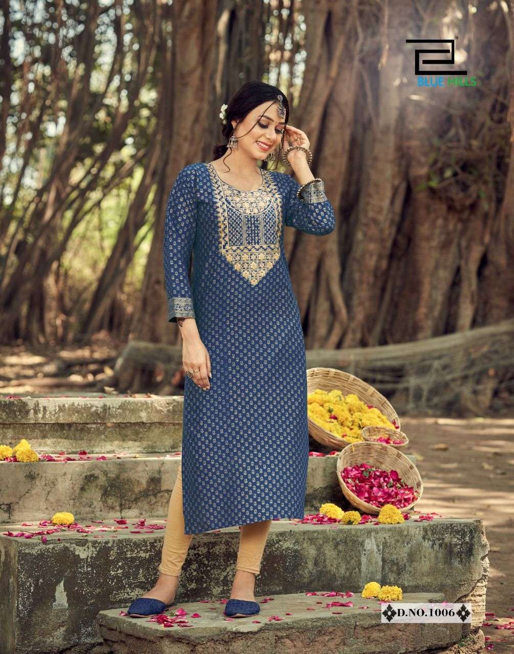 samantha Long Side Cut Printed kurti with Heavy Embroidery Work partywear kurties collection 14 kg reyon light embroidery work kurties 