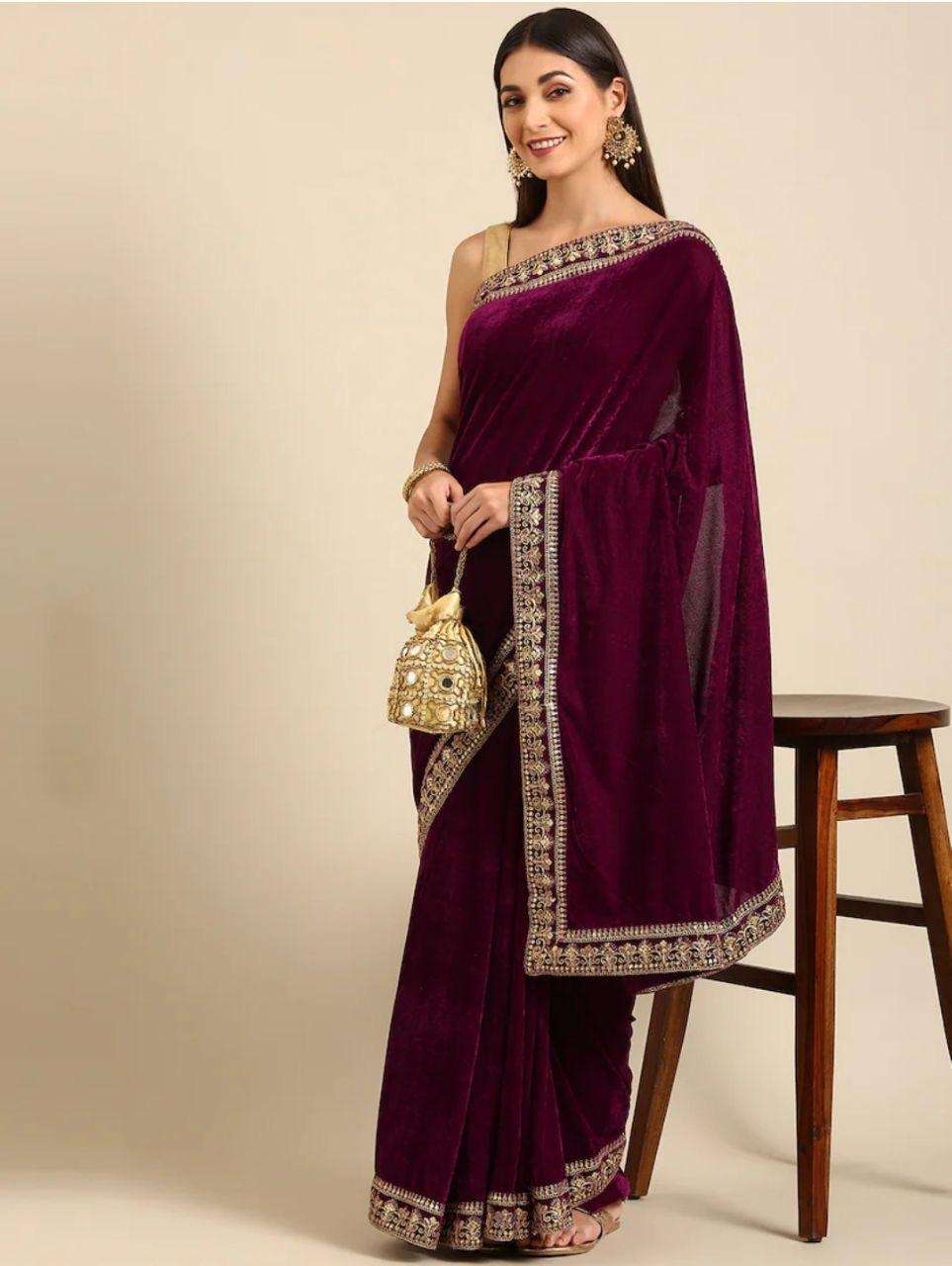 9000 velvet with beautifull embroidery thread zari sequnce work on lace border velvet saree collection beautifull partywear velvet saree 