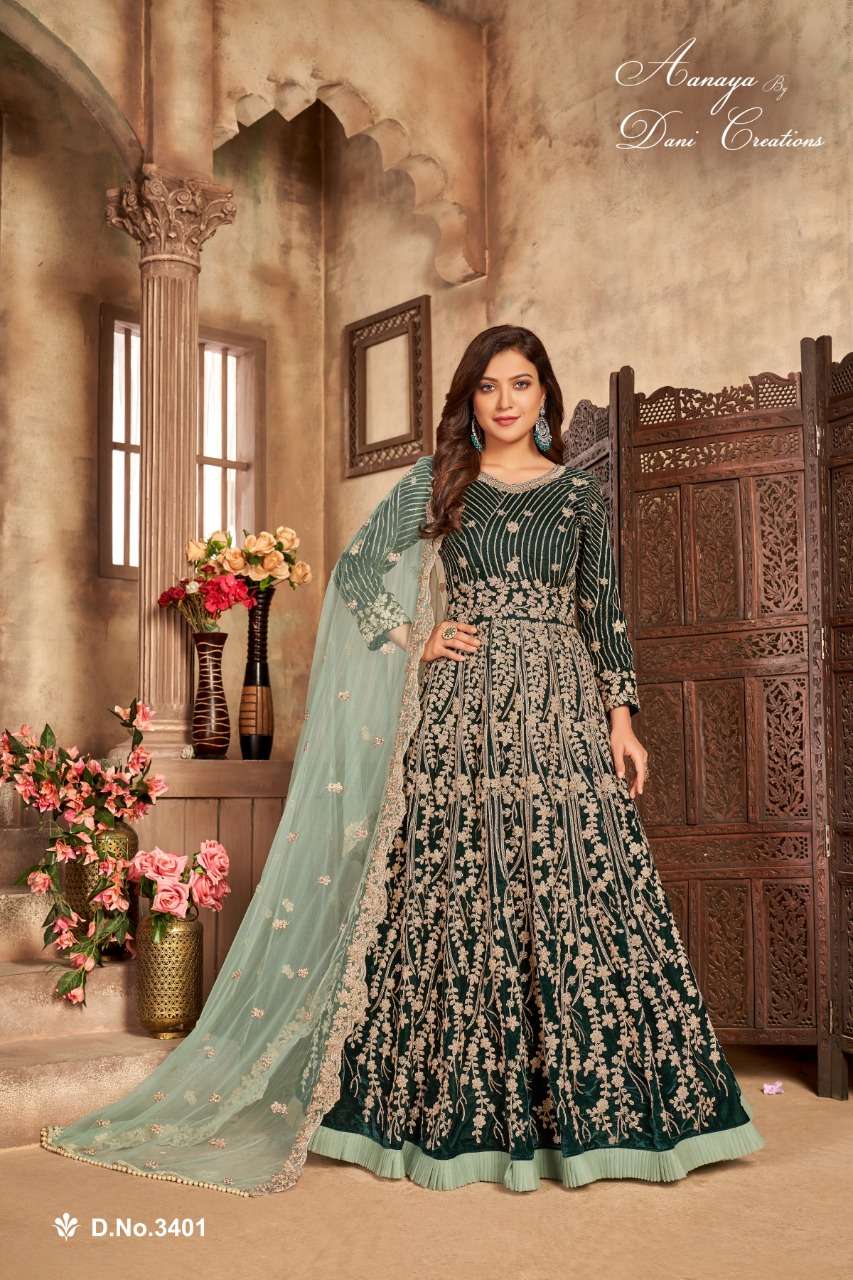 aanaya 34000 series vol 134 by dani creation 9000 velvet designer gown with duppta collection designer partywear anarkali gown  designer catalogue suits collection 