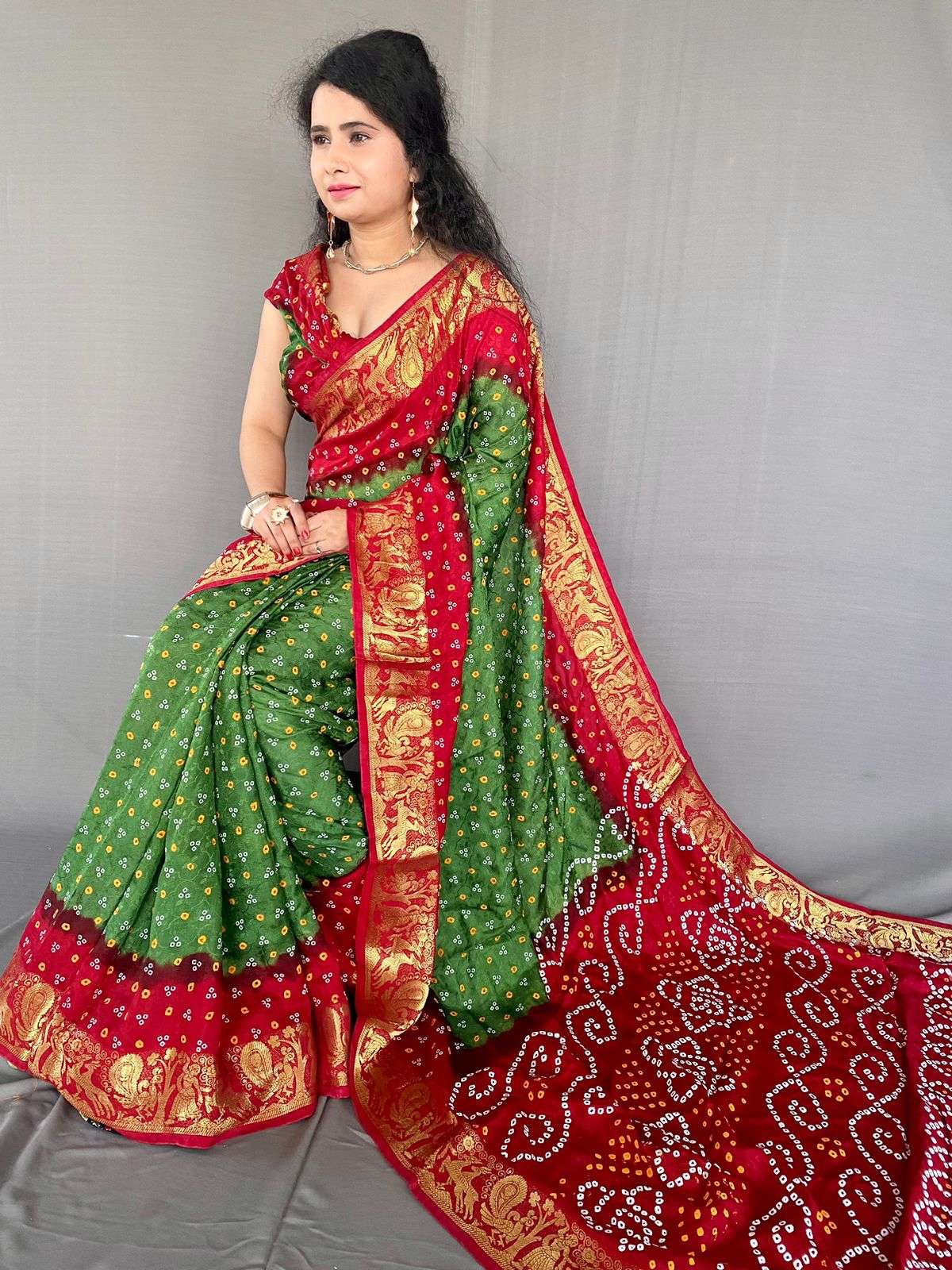 bandhani saree collection teen dani bandhej designer partywear bandhani saree collection block print bandhani bhandej saree collection 