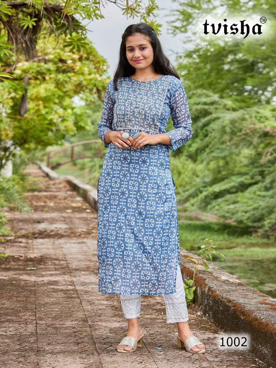 batik style long side cut kurtie print with embroidery work kota doriya print with embroidery work kurties collection