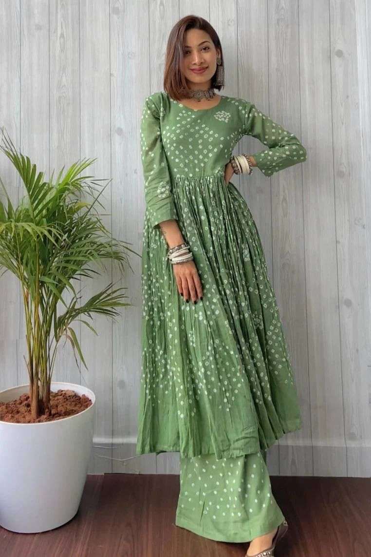 green kurtie bandhani print with pant kurta and plazzo readymade bandhani print green colour