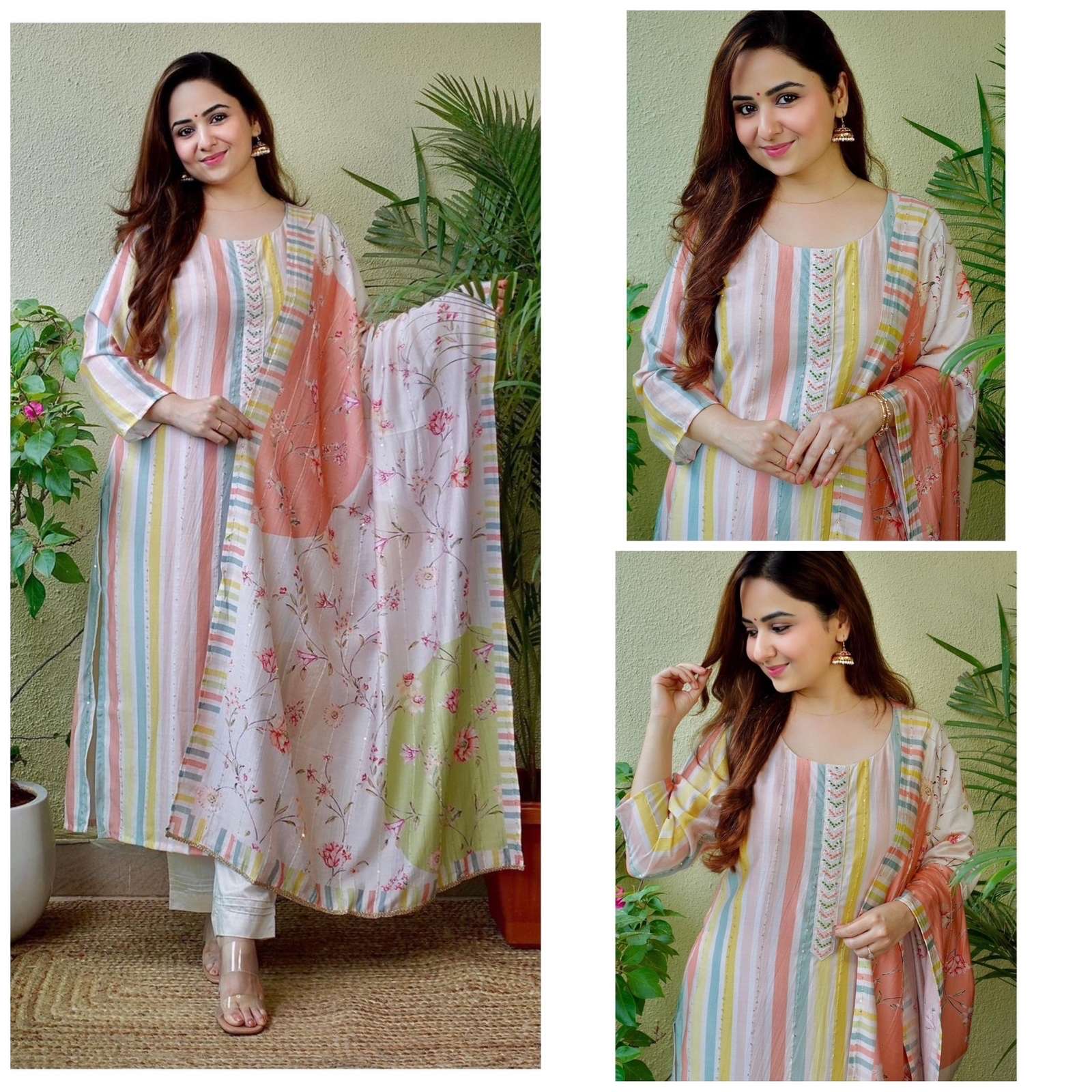 hot latest kurta set rainbow flowers beautifull muslin printed with handwork on neck with small sequnce work on full kurta indian readymade collection