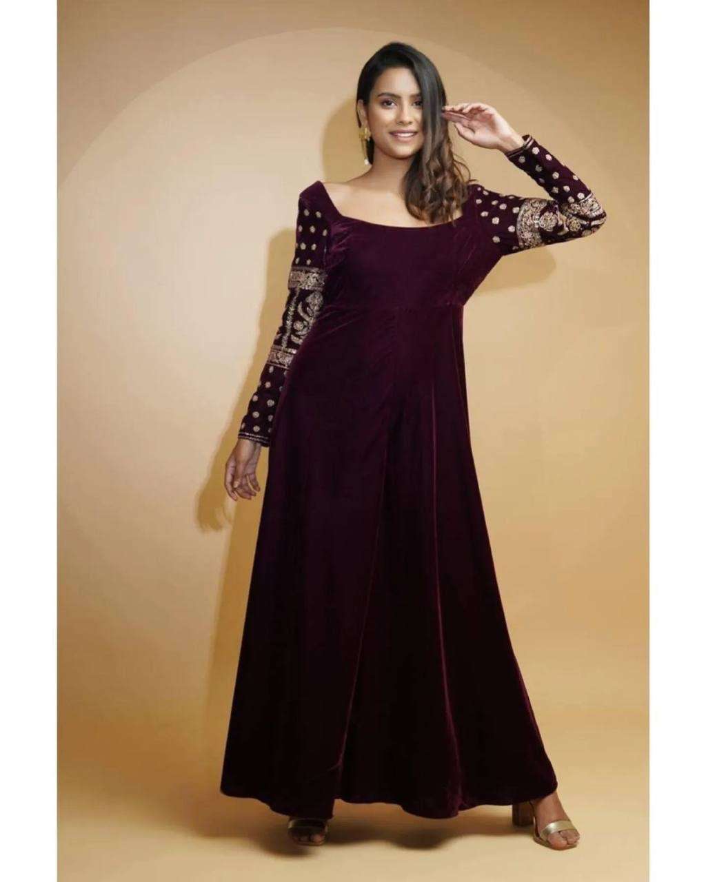 orignal 9000 velvet gown beautifull evening gown velvet embroidery work on sleeves for winter wedding affordale price velvet gown collection 