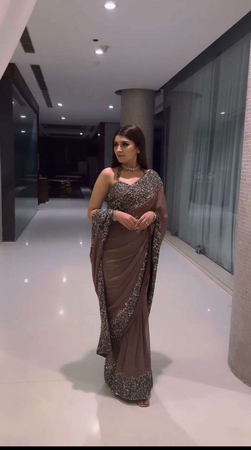 beautifull latest saree collection brown colour sequnce embroidery partywear brown colour designer partywear saree