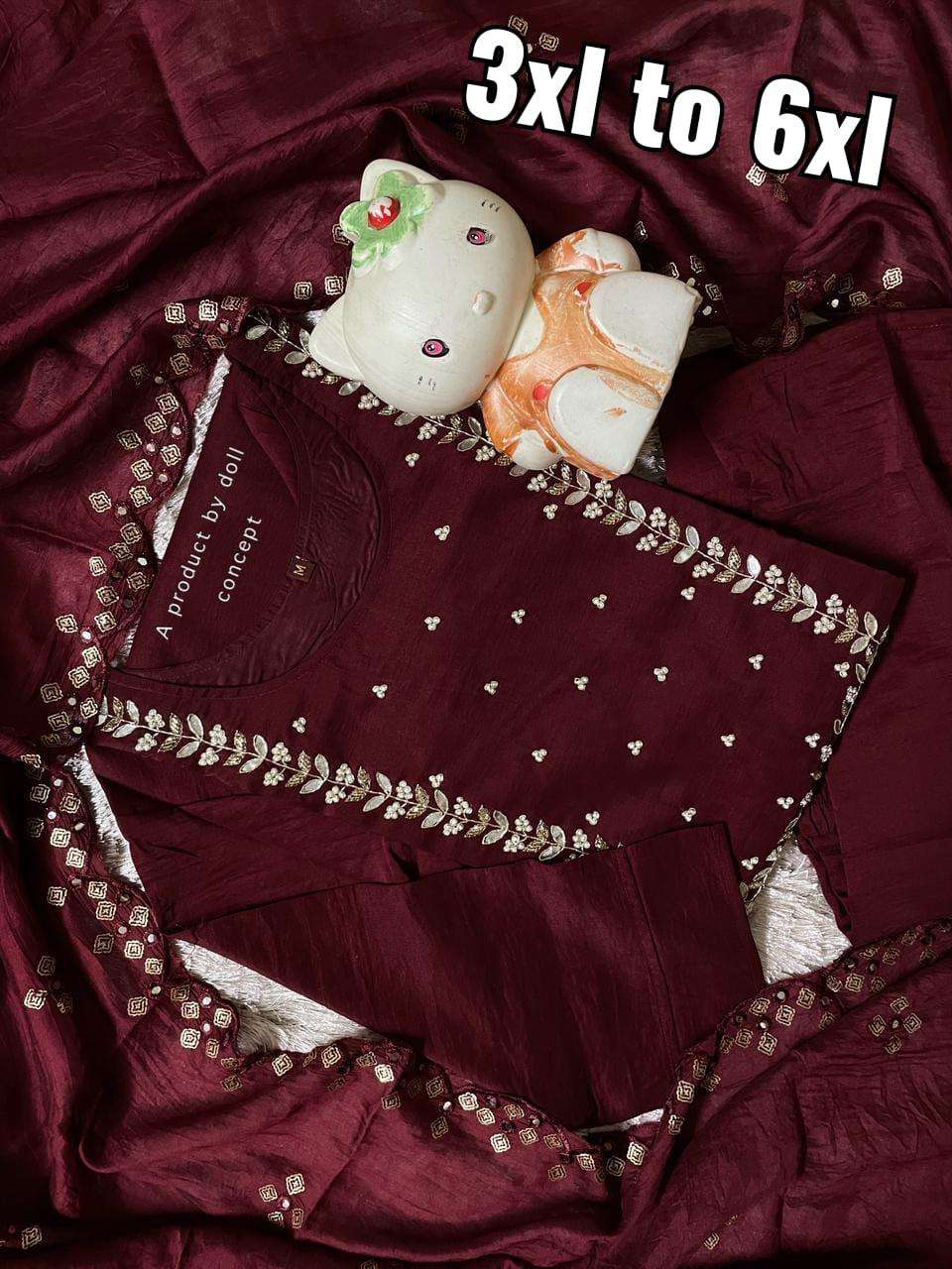 big sizeses kurties 3xl to 6xl with pant and duppta collection doll concept presents beautifull kurtie with handwork on yoke with heavy pant and duppta muslin fabric readymade suits collection 