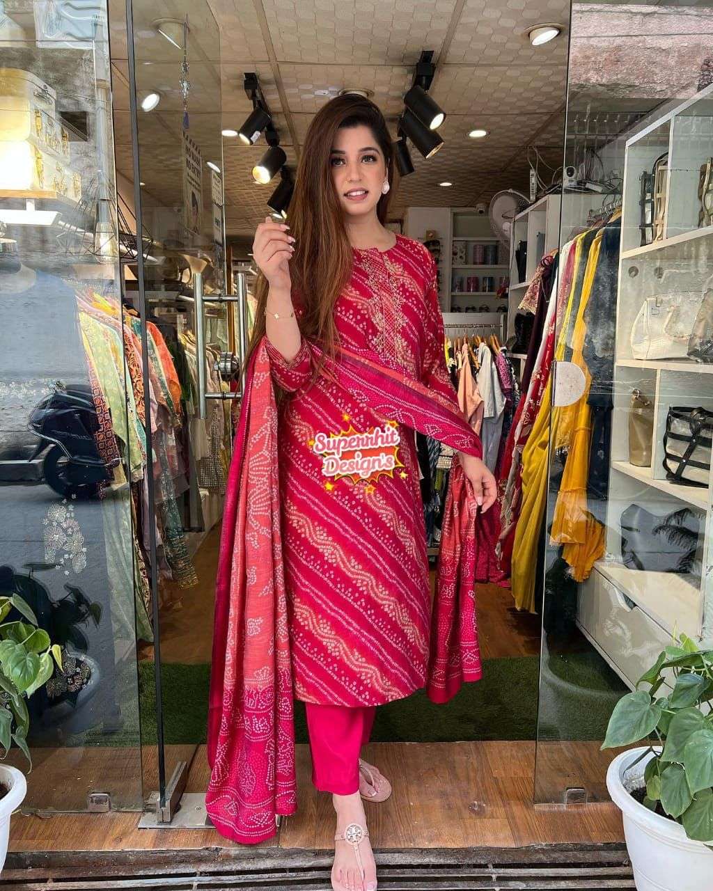 dailywear readymade kurta with bandhej style print kurtie with pant and duppta set dailywear readymade kurtie with pant and duppta collection in affordable price