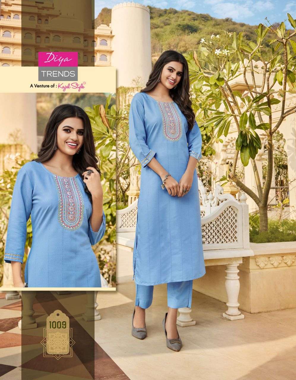 diya trendz kajal style catalogue mintra vol 1 series 1001 to 1007 beautifull straight kurtie with pant readymade kurties collection by kajal style 