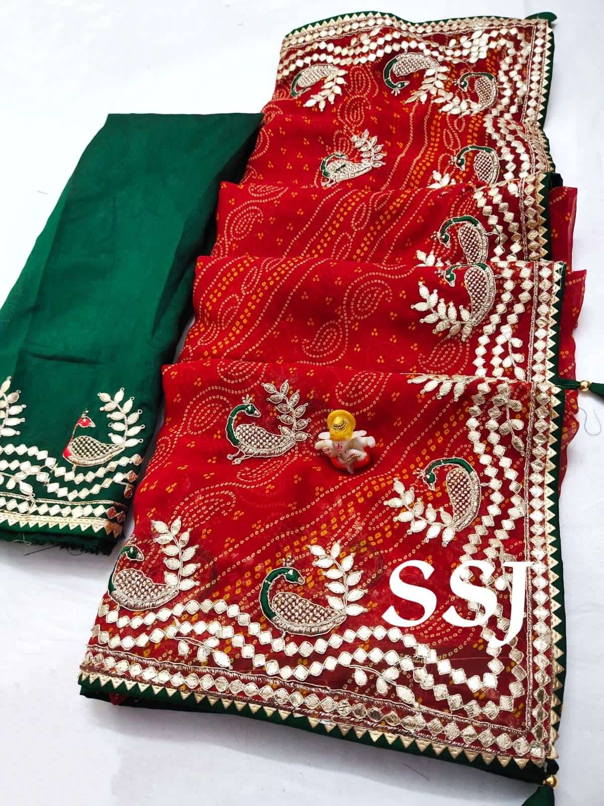 georgette c pallu peacock bandhni saree heavy georgette bandhani saree cpallu gota work beautifull gotta peacock design in all over saree heavy border and latkan saree collection