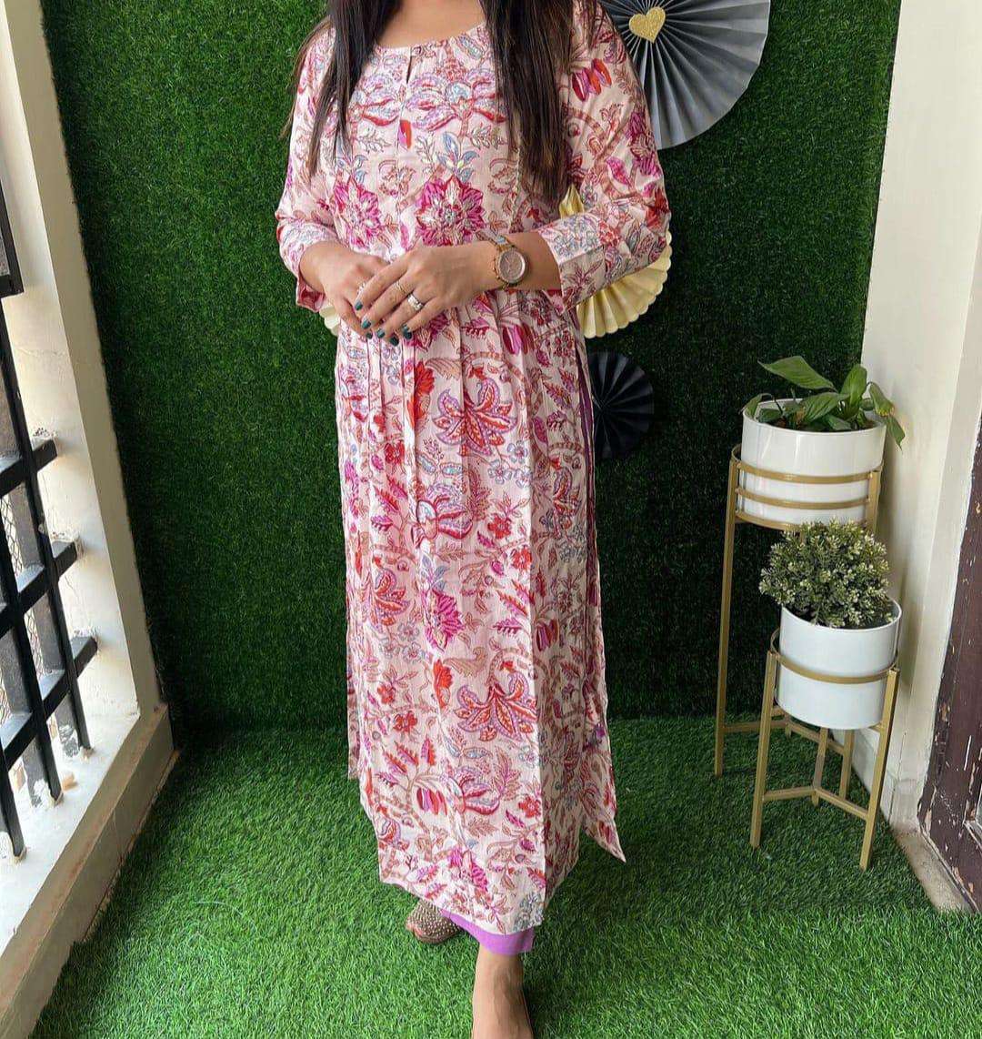 look stylish nairacut kurtie hand block print long slit cotton kurta pant set all day comfort naira cut readymade kurtie and pant collection