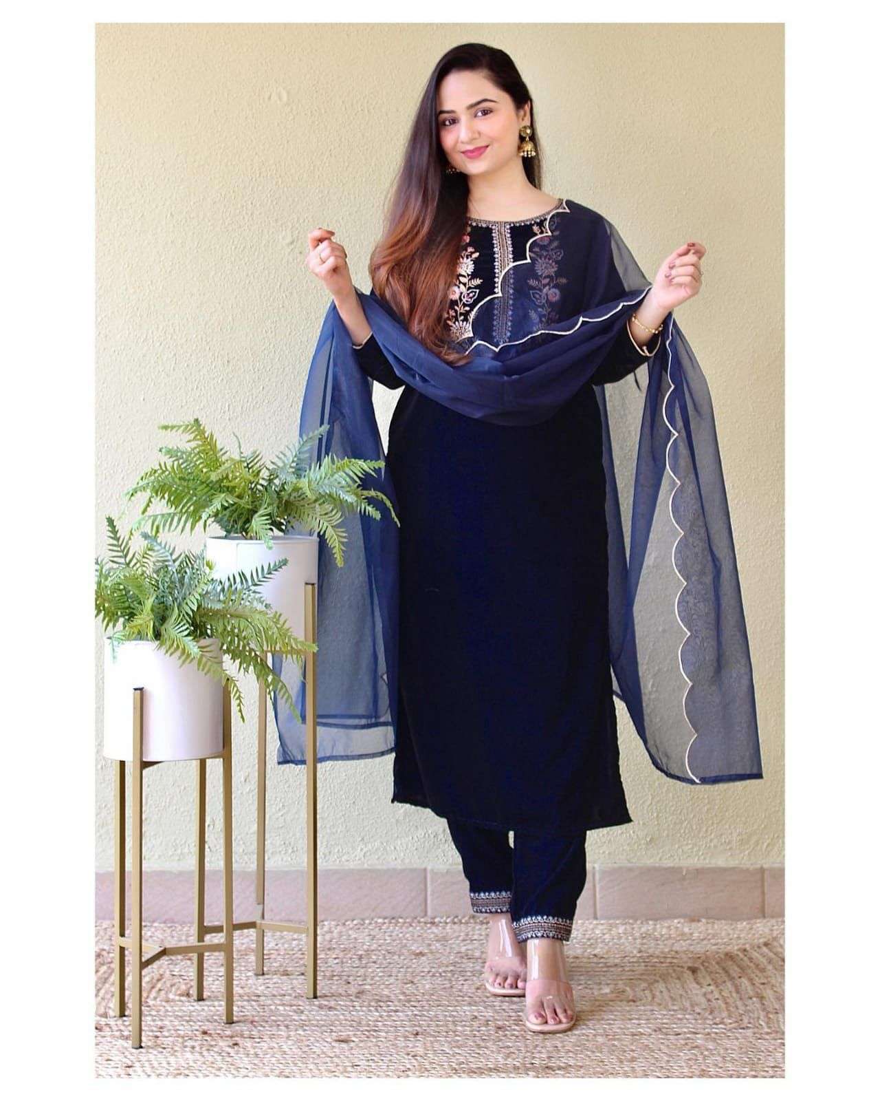 navyblue velvet suit set readymade colour navyblue velvet fabric suit set for small occasion function with friends and family indian readymade dresses in affordable price