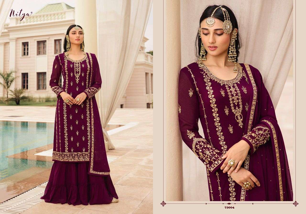 nitya volume 173 series 73001 to 73005 designer partywear gharara dresses collection wholesaler of catalogue suits in surat 