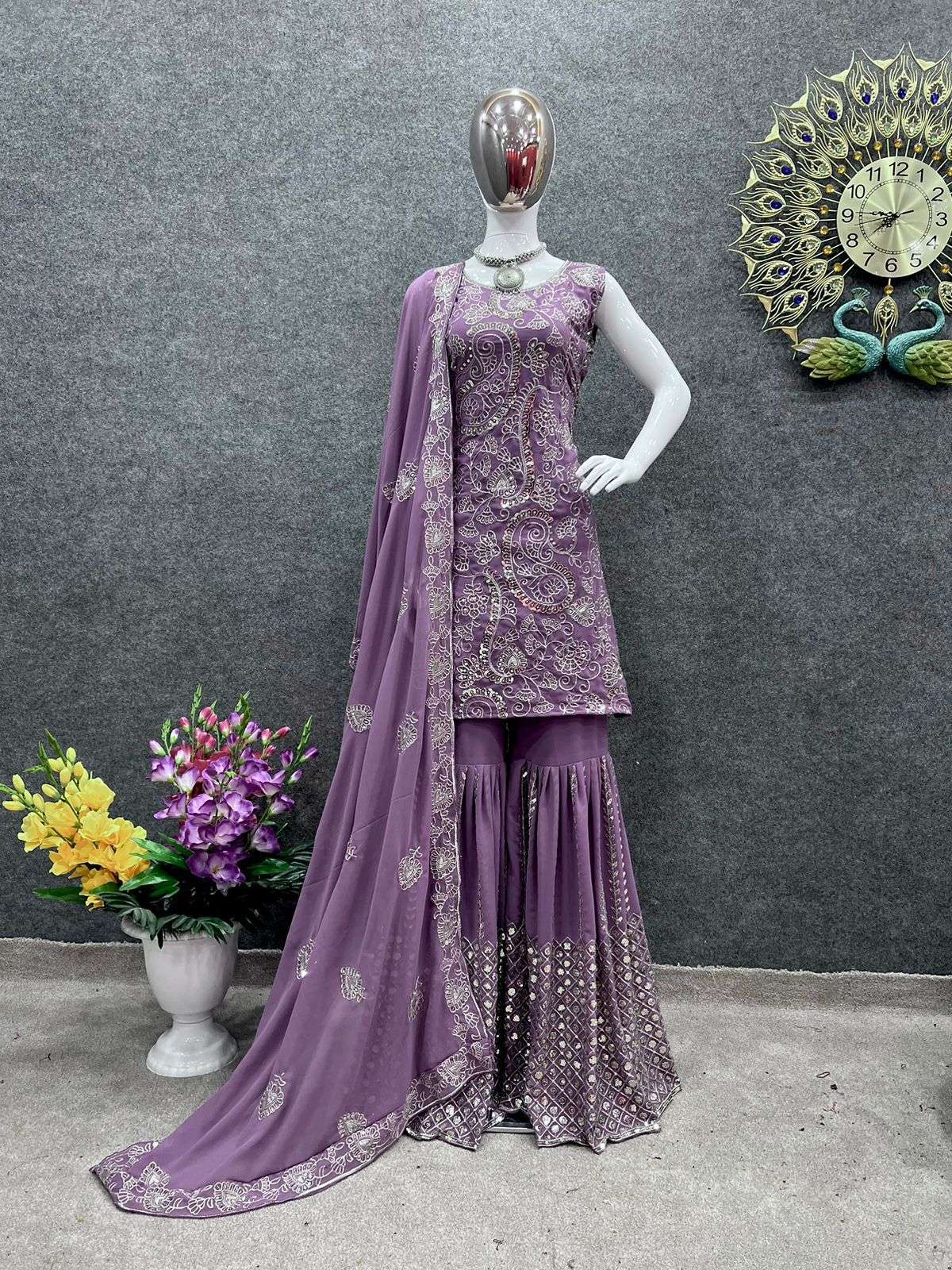 preseting new designer faux georgette heavy top plazo with duppta designer readymade partywear suits in affordable price 