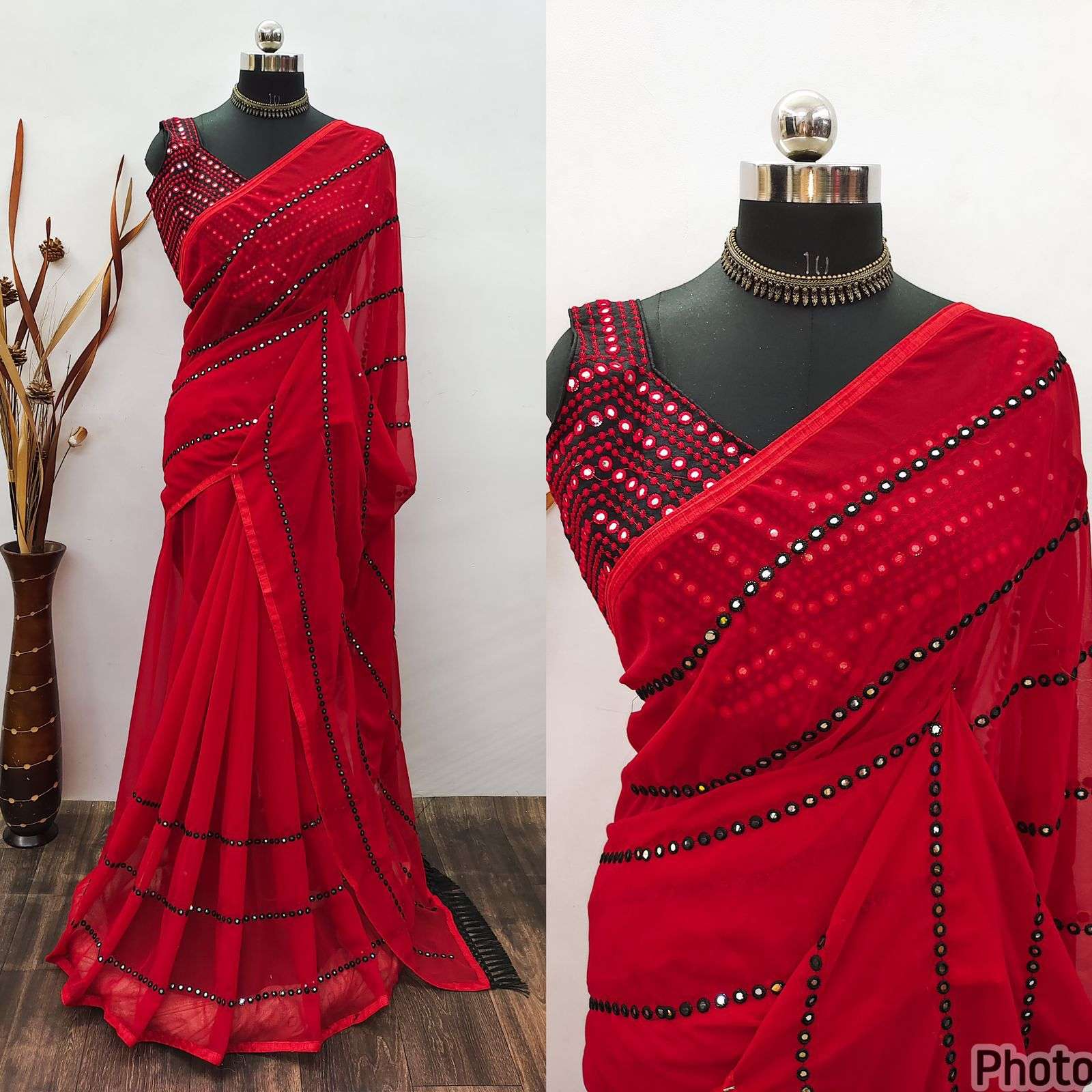 heavy georgette saree with allover saree with mirror work beautifull zaalar with attractive border 