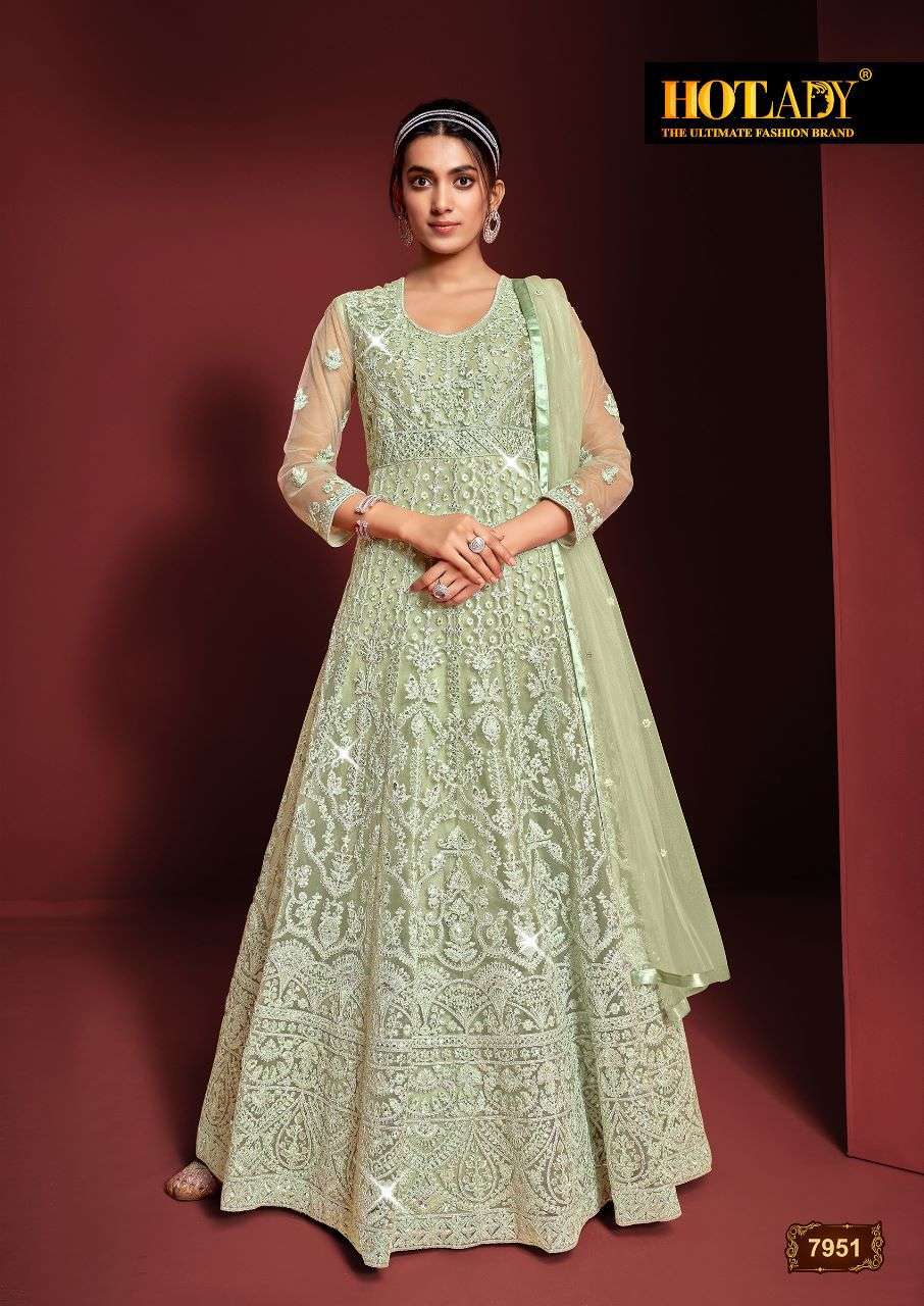 hotlady catalogue safeena 23 series 7951 to 7955 designer full flair anarkali gown style suits collection partywear designer suits collection