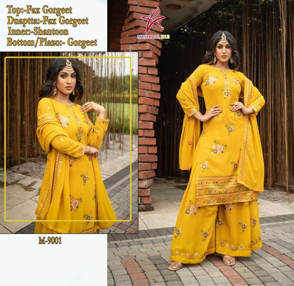 mishaal fab design number m 9001 pakistani concept yellow colour suits collection haldi outfit yellow colour stylish suit