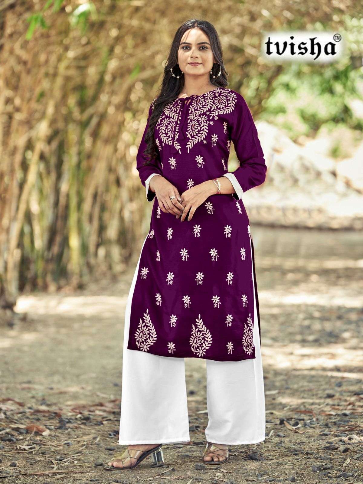 khushali kurtie top with white plazo pant reyon with embroidery work readymade kurtie with pant in affordable price