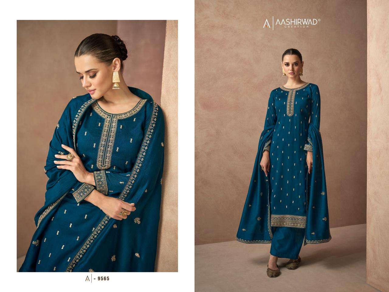 aashirwaad creation catalogue gulmohar series 9565 to 9570 designer full embroidery partywear elegant straight suits collection 