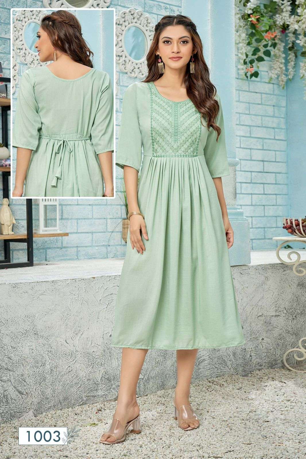 anuskha best collection in pastel colours full falir side nayra cut back belty girls kurties tops collection