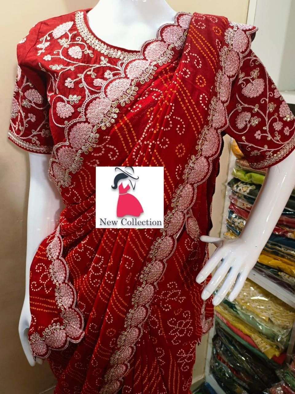 beautifull designer saree with traditional touch partywear bandhni print with heavy border and heavy embroidery blouse saree collection