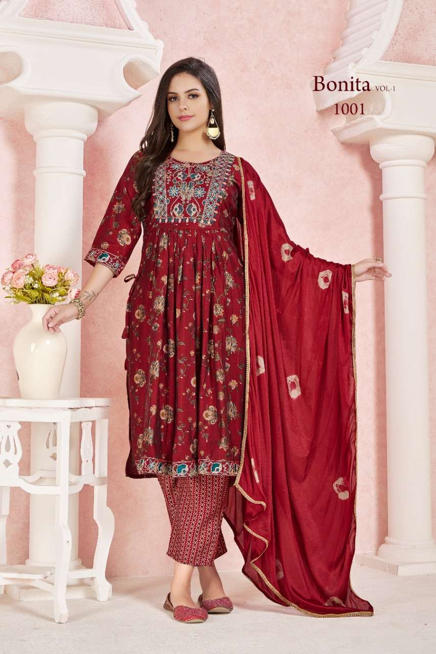 catalogue bonita exclusive naira collection vol 1 series 1001 to 1003 readymade nairacut suits collection nyra cut suits 