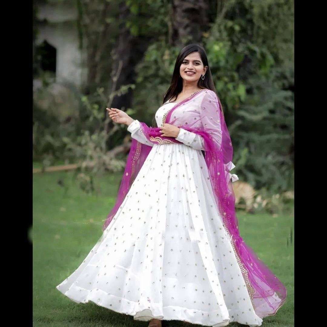 design no 277 white sequnce rani duppta white designer gown with duppta rani colour readymade anarkali white gown with duppta in cheap price