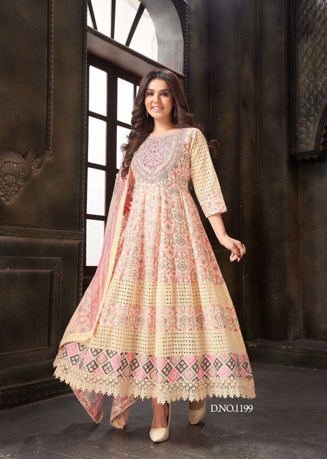 rockstar series 1198 to 1201 heavy embroidery neckwork with pure cotton print anarkali style with siffli panel work readymade cotton suits collection