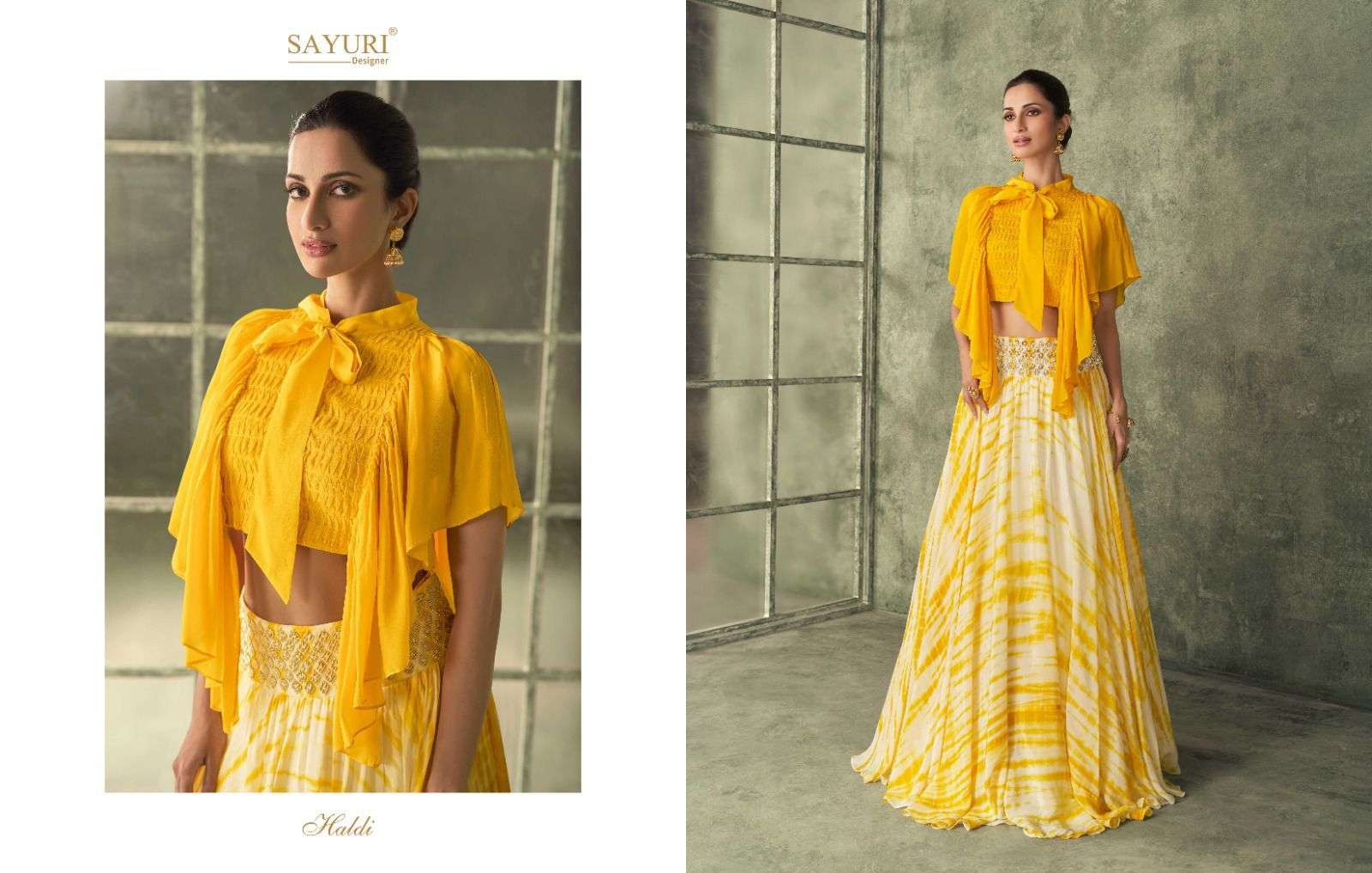 sayuri designer catalogue wedding attire vol 1 haldi mehendi roka cermony lehenga designer partywear indowestern style lehenga with jacket shrug style duppta girlish stylish lehenga collection 