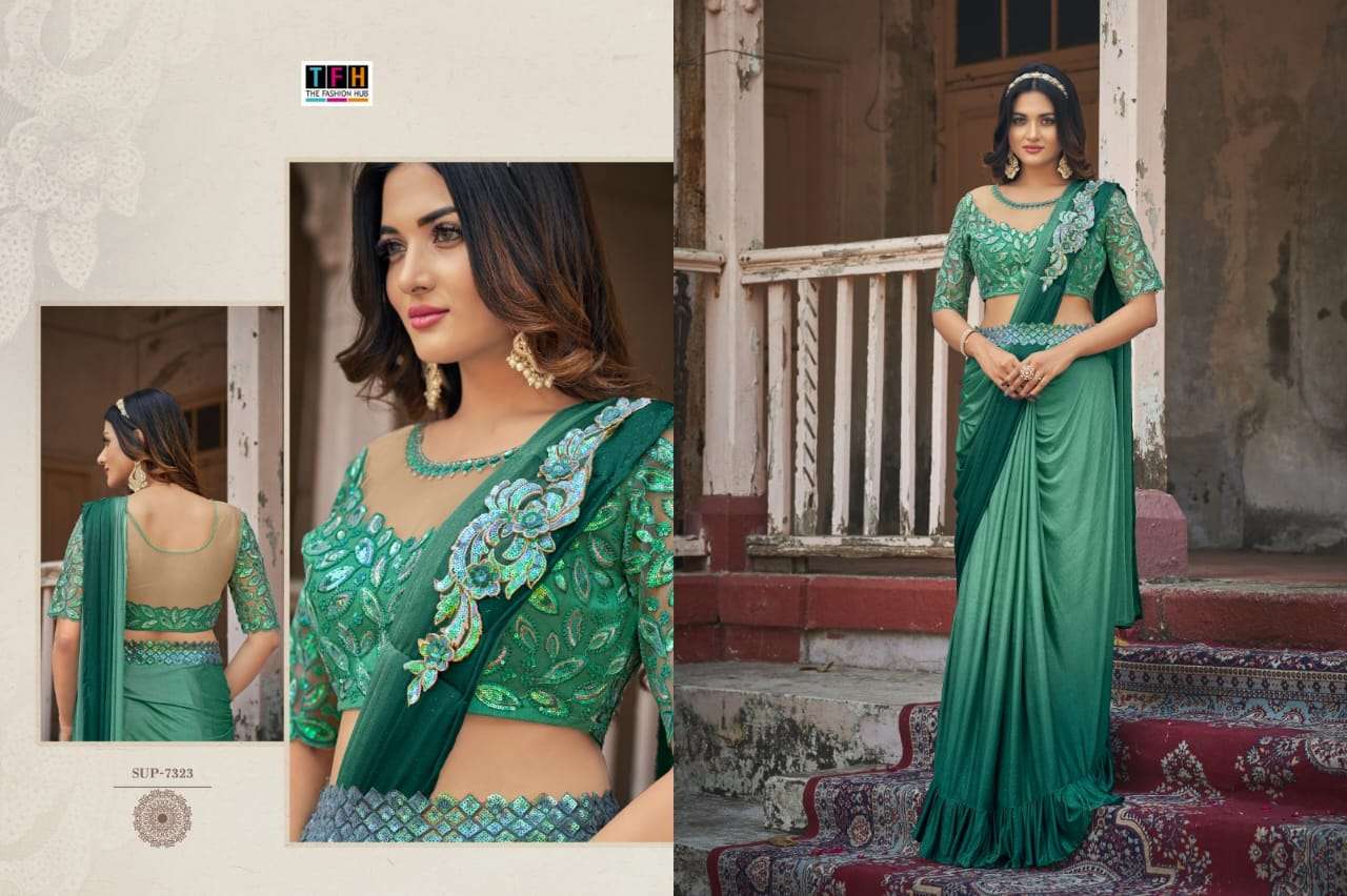 tfh catalogue super star hits series 7321 to 7323 fancy saree with belt designer saree collection 