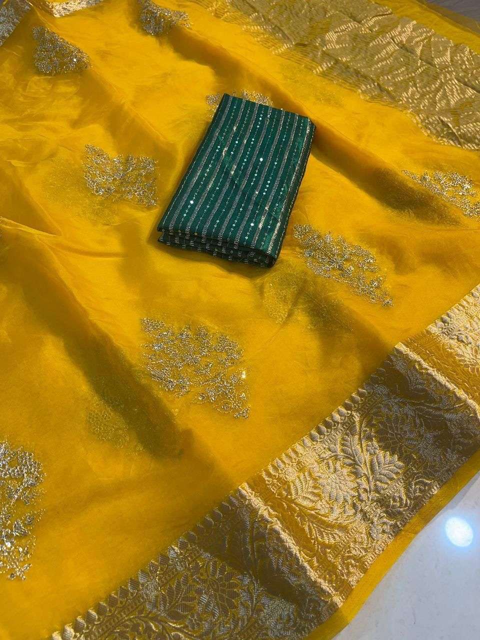 kanchipuram organza saree indian wedding yellow colour kanchipuram orgenza jacquard multi squence full worked saree with raw silk squence work blouse