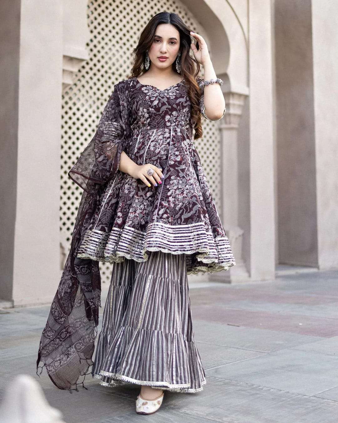 new sharara set sharara set with short anarkali top with matching sharara pant with cotton duppta in brown colour 