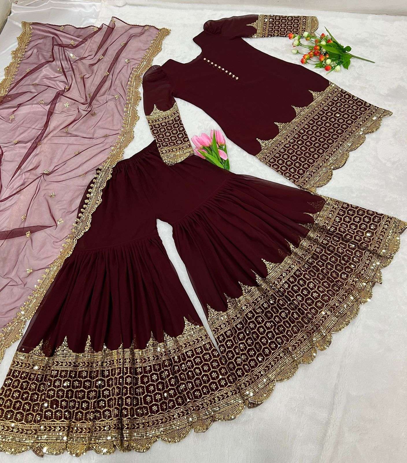 sharara suit dark marron colour faux georgette with heavy golden embroidery partywear sharara suit collectoion