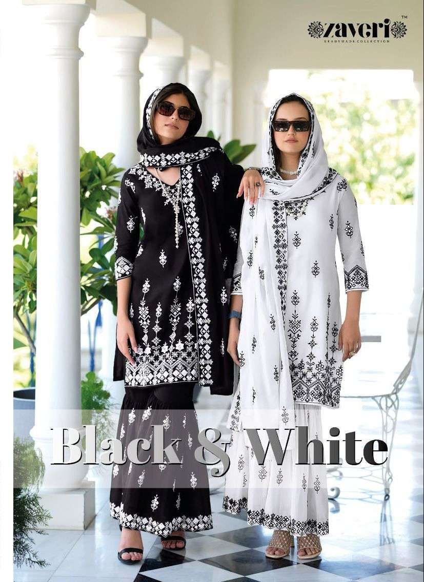 zaveri readymade collection catalogue black n white series 1173 to 1174 heavy embroidery readymade sharara suits collection 