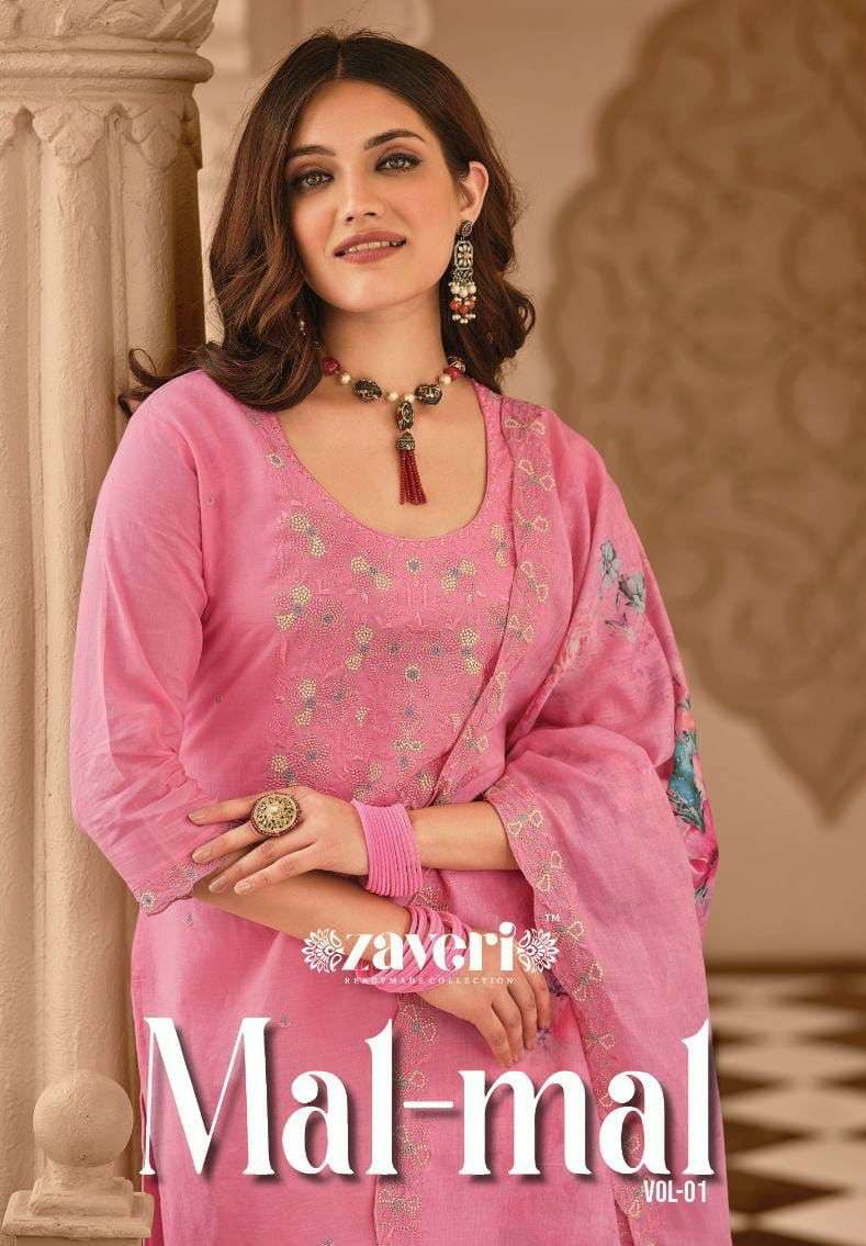 zaveri readymade collection catalogue malmal vol 2 series 1137 to 1140  pure cotton with fancy embroidery straight suits collection