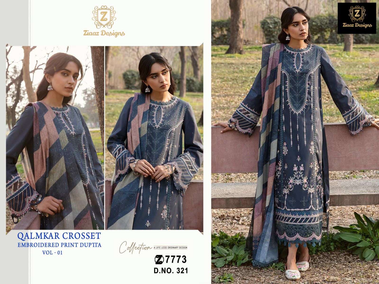 ziaaz design qalamkar crosset embroidered print duppta black colour heavy embroidered pakistani concept suit collection