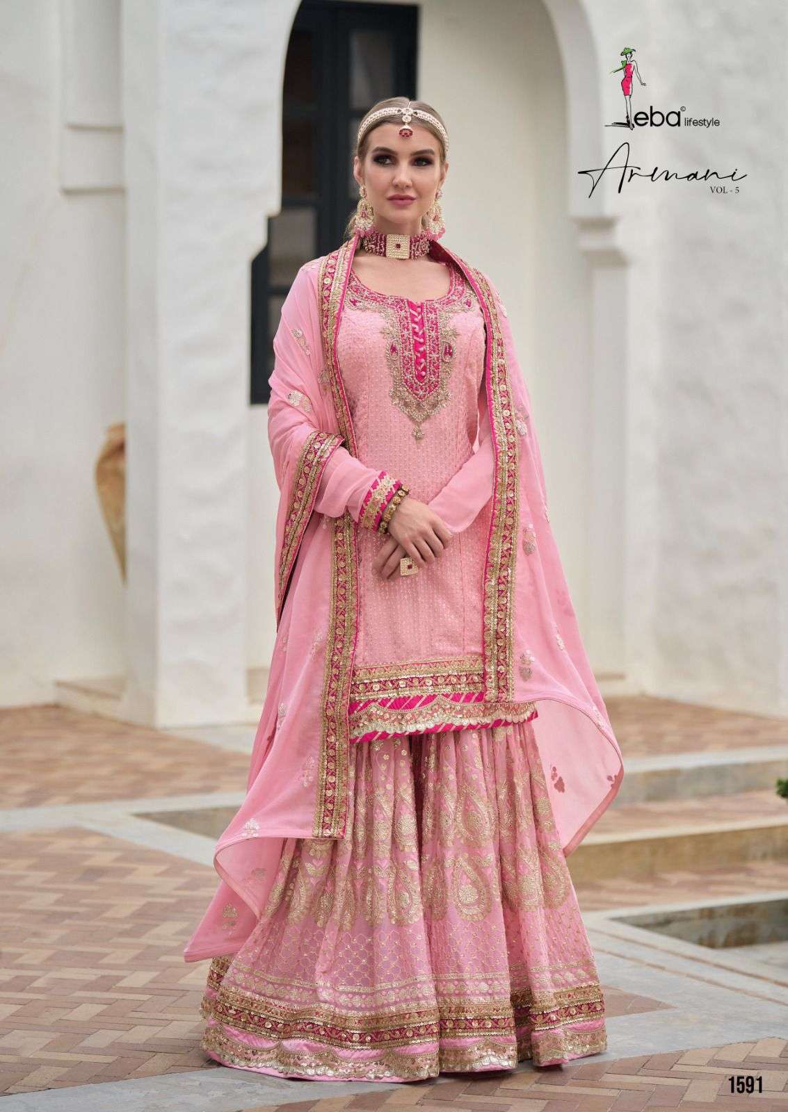 eba lifestyle catalogue armani vol 5 design number 1591 pink colour designer heavy embroidery heavy duppta sharara suit heavy designer sharara suit collection