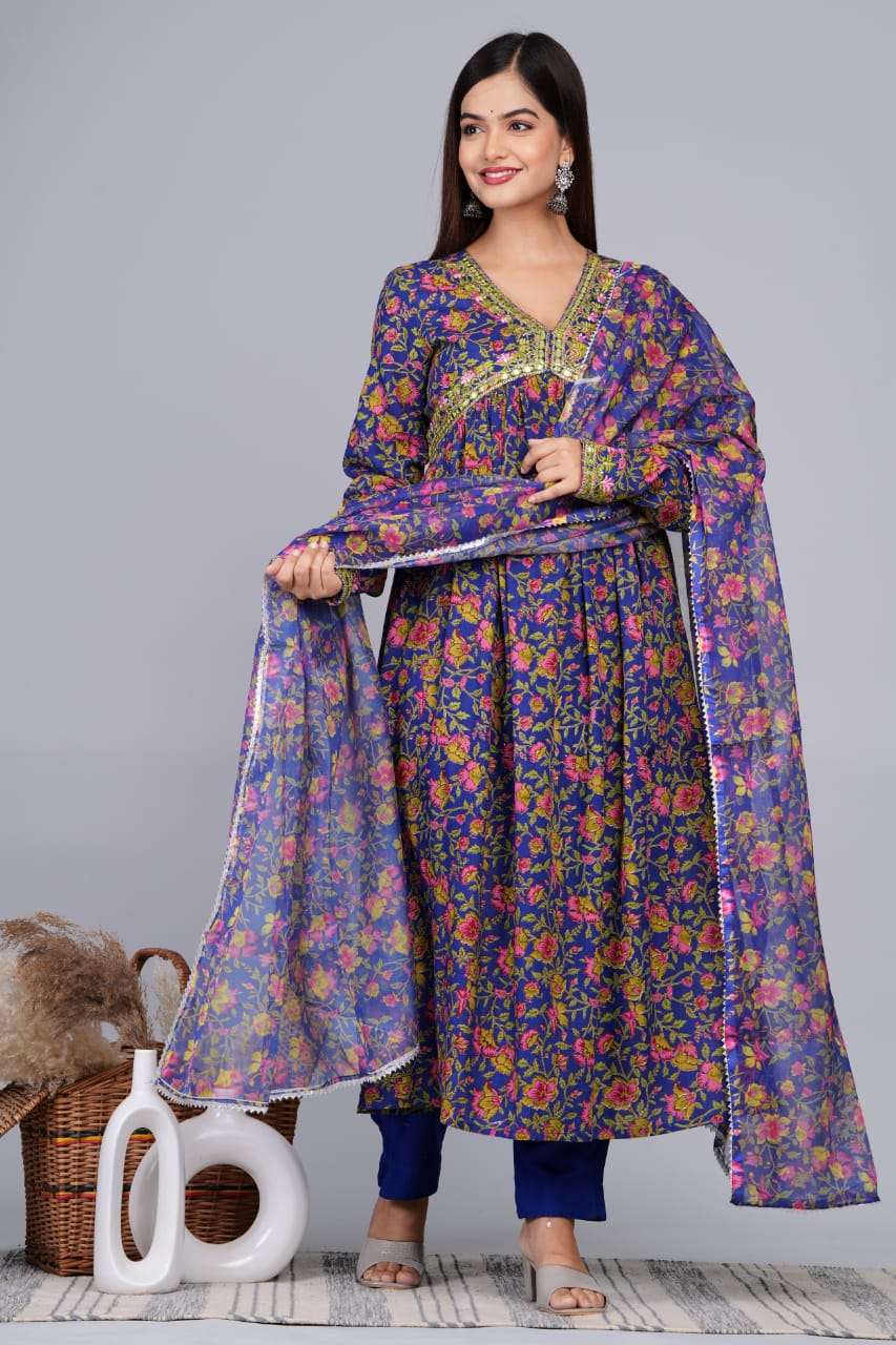 festival attire launching alia cut readymade suit kurtie with pant and duppta floral print alia cut reyon cotton readymade dress 